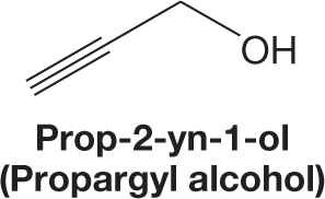 An illustration shows the line structure of Prop-2-yn-1-ol. The line structure of Prop-2-yn-1-ol, also known as Propargyl alcohol shows an inverted V with one end being longer than the other. The shorter end of the structure is bonded to a hydroxyl group by single bonds and the longer end features triple bonds.