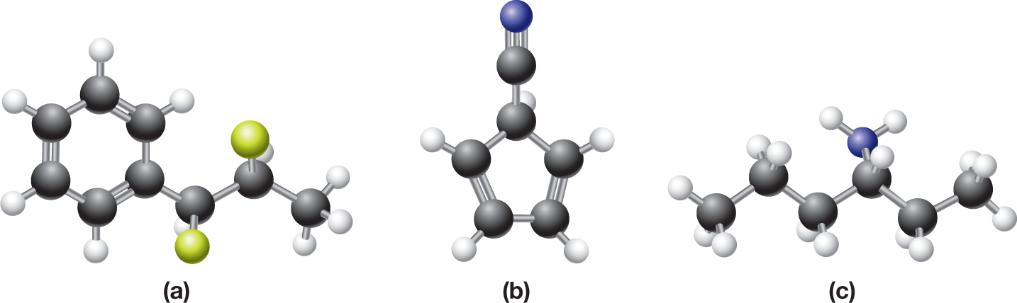 Ball-and-stick models of three organic compounds. The first shows a hexagonal ring with six carbon atoms bonded by alternating single and double bonds. One of the carbon atoms is bonded to a propyl group with carbons 1 and 2 bonded to a chlorine atom each. Both the C-Cl bonds point toward the reader. The second model shows a five-carbon ring with double bonds between carbons 2 and 3 and carbons 4 and 5. Carbon 1 is bonded to a carbonitrile group, where a carbon atom is bonded to a nitrogen atom by a triple bond that lies in the plane of the paper. The third model shows six carbon atoms bonded together in a zigzag manner. Carbon 3 is bonded to an amine group, and this C-N bond points away from the reader.