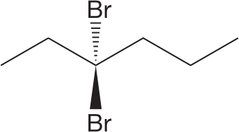 An illustration shows a dash-wedge representation of an organic compound. The structure shows a zig-zag line with three crests and three troughs. The atom in the third position is bonded to two bromine atoms. One of these bonds points toward the reader and is represented by a solid wedge, and the other bond points away from the reader and is represented by a dashed wedge.