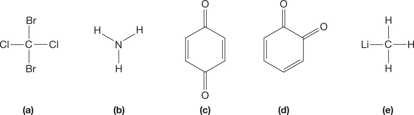 Condensed structure of five different organic compounds. The first structure shows a central carbon atom bonded to a chlorine atom on either side and one bromine atom on the top and another one at the bottom. The second structure shows a central nitrogen atom bonded to three hydrogen atoms in a triangular fashion. The third structure shows carbon atoms bonded together in a hexagonal fashion. Two double bonds exist, with one between the second and third carbon atoms, and another between the fifth and sixth carbon atoms. The first and fourth carbon atoms are each bonded to an oxygen atom by double bonds. The fourth structure shows carbon atoms bonded together in a hexagonal fashion. Two double bonds exist; with one between the third and fourth carbon atoms, and another between the fifth and sixth carbon atoms. The first and second carbon atoms are each bonded to an oxygen atom by double bonds. The fifth structure shows a central carbon atom bonded to a lithium atom and three hydrogen atoms. 