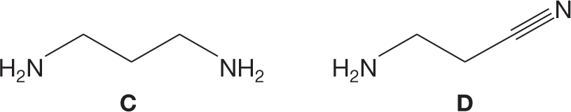 Skeletal structural formula of two molecules labeled C and D. The first structure shows a three-carbon chain where carbon atoms 1 and 3 are each bonded to an amine group. The second structure a two-carbon chain where one carbon is bonded to an amine group by a single bond and the other carbon is bonded to a nitrogen atom by a triple bond.