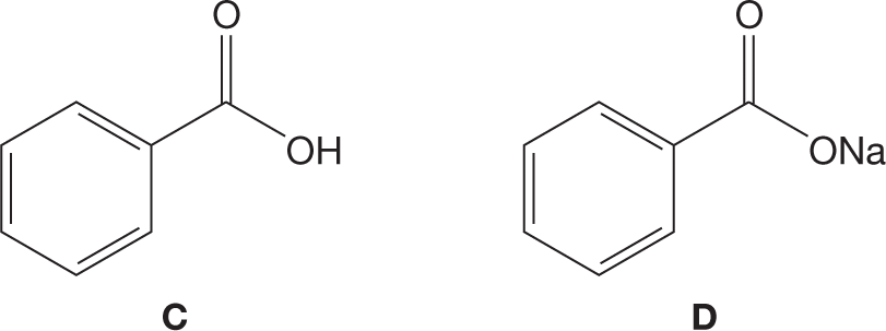 Skeletal structural formulas of two molecules labeled C and D. The first structure shows a benzene ring bonded to a carboxyl group. The second structure shows a benzene ring bonded to a carbon atom, which is bonded by a double bond to an oxygen atom and by a single bond to another oxygen atom, which is bonded to a sodium atom.