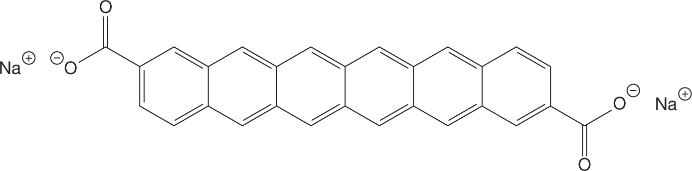 Line structure of a hypothetical organic compound. The structure shows six hexagonal, six-carbon rings fused together in a linear manner. The first ring has alternate single and double bonds. In each of the other five rings, double bonds exist between the carbon atoms in the first and second positions, and the carbons in the third and fourth positions. The carbon in the first position in the first ring and the carbon in the third position in the last ring are each bonded by a single bond to a carbon atom, which is bonded to an oxygen atom by a double bond and to another oxygen with a negative charge by a single bond. On either side of this structure is a sodium cation.