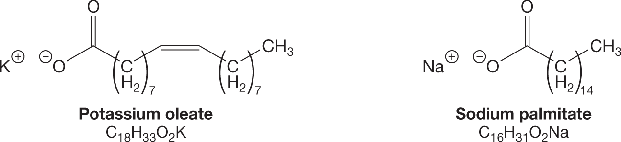 Condensed structural formulas show the ions in potassium oleate and sodium palmitate. The structure of potassium oleate shows a potassium cation and oleate anion, which shows a carbon atom 1 bonded to an oxygen atom by a single bond and to another oxygen atom by a double bond. This carbon is further bonded to a chain of seven carbon atoms, from carbon 2 to carbon 8, each bonded to two hydrogen atoms. Carbon 8 is bonded to carbon 9, which is bonded to carbon 10 by a double bond. Carbon 10 is further bonded to a chain of seven carbon atoms, from carbon 11 to carbon 17, each bonded to two hydrogen atoms. Carbon 17 is bonded to carbon 18, which is bonded to three hydrogen atoms. A note below the structure reads, �Potassium oleate, C18H33O2K.� The structure of sodium palmitate shows a sodium cation and a palmitate anion, which shows a carbon atom 1 bonded to an oxygen atom by a single bond and to another oxygen atom by a double bond. This carbon is further bonded to a chain of fourteen carbon atoms, from carbon 2 to carbon 15, each bonded to two hydrogen atoms. Carbon 15 is bonded to carbon 16, which is bonded to three hydrogen atoms. A note below the structure reads, �Sodium palmitate, C16H31O2Na.�