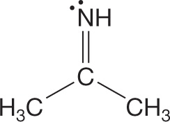 An illustration shows the Lewis structure of an acetone imine molecule. The Lewis structure shows a central carbon atom bonded to two methyl groups by single bonds and an amine group by double bonds. The amine group has a lone pair of electrons. 
