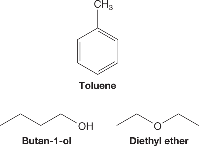 Skeletal structural formulas of toluene, butan-1-ol, and diethyl ether. The structure of toluene shows a benzene ring bonded to a methyl group. The structure of butan-1-ol shows a zigzag four-carbon chain with a hydroxyl group at the first position. The structure of diethyl ether shows an oxygen atom bonded to two ethyl groups.