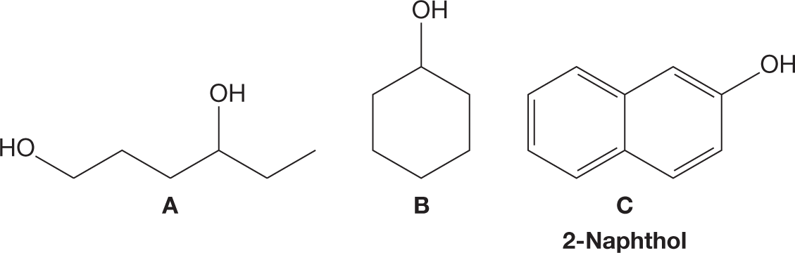 The skeletal structural formulas of three molecules, labeled A, B, and C. The third is a molecule of 2-naphthol. The first structure shows a zigzag line with four crests and three troughs. A hydroxyl group is bonded to the atom at the third position, and another hydroxyl group occupies the seventh position. The second structure shows a hexagonal six-membered ring with a hydroxyl group bonded to one of the atoms. The third structure is a molecule of 2-naphthol, which shows a benzene ring fused with another hexagonal, six-membered ring. In the second ring, double bonds exist between atoms 1 and 2, and atoms 3 and 4. A hydroxyl group is bonded to the atom in the second position in the second ring.