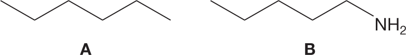 Two skeletal structural formulas showing two different molecules. Each structure shows a zigzag line with three crests and three troughs. The position at the end of the line in the second structure is occupied by an amine group.