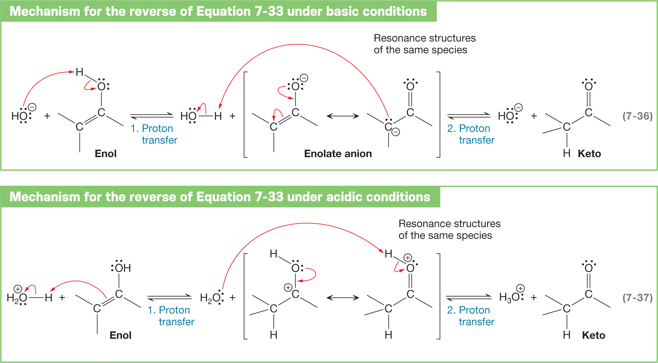 A text box labeled mechanism for the reverse of equation 7-33 under basic conditions shows a chemical reaction representing keto-enol tautomerization. The reaction shows the oxygen atom of hydroxyl group carrying three lone pairs of electrons and a negative charge reacting with enol form in which the oxygen atom of the carbonyl group is shown to carry two lone pairs of electrons. A curved arrow points from an oxygen atom of the hydroxyl group toward hydrogen atom of the enol-form while another curved arrow points from a hydrogen atom linked to an oxygen atom toward oxygen atom carrying two lone pairs of electrons. It is followed by a reversible arrow, marked step 1 and labeled proton transfer to show an addition of a hydrogen atom to the oxygen of the hydroxyl group carrying two lone pairs of electrons. It also shows a unit compound showing two forms of an enolate anion as oxygen atom carrying three lone pairs of electrons and a negative charge in the enol form. A curved arrow points from a double bond between a single bond between two carbon atoms toward carbon atom having two vacant single bonds while another curved arrow points from an oxygen atom toward a single bond between a carbon and an oxygen atom. The compound is reversible into another form in which the double bond between two carbon atoms is replaced by a single bond, with one of the carbon atoms carrying a lone pair of electrons and negative charge while the oxygen atom of the carbonyl group is shown to carry two lone pairs of electrons, with the single bond between carbon and oxygen replaced by a double bond. A curved arrow is shown to point from a single bond between the hydroxyl group and hydrogen toward the oxygen atom of the hydroxyl group while another curved arrow points from a double bond between two carbon atoms toward the carbon atom carrying vacant bonds. A third curved arrow points from an oxygen atom carrying three lone pairs of electrons in the first species toward the single bond linking it to the central carbon atom. A fourth curved arrow points from the negatively charged carbon atom of the second species toward hydrogen atom linked to the oxygen of the hydroxyl group. The two forms of enolate anion are labeled resonance structures of the same species. It is further followed by a reversible arrow marked step 2 and labeled proton transfer, to show the oxygen atom of a hydroxyl group carrying three lone pairs of electrons and a negative charge and a release of keto form of the compound. | A text box labeled mechanism for the reverse of equation 7-33 under acidic conditions shows a chemical reaction representing keto-enol tautomerization. The reaction shows an oxygen atom of a water molecule carrying a lone pair of electrons and a negative charge linked to another hydrogen atom by a single bond. It is shown to react with enol form in which the oxygen atom of the hydroxyl group is shown to carry two lone pairs of electrons. A curved arrow points from the double bond between a carbon atoms toward hydrogen atom linked to the water molecule while another curved arrow points from the single bond between water molecule and hydrogen toward the oxygen atom of the water molecule. It is followed by a reversible arrow, marked step 1 and labeled proton transfer to show the oxygen atom of the water molecule carrying two lone pairs of electrons. It also shows a unit compound with two forms of an enolate anion, shown as a hydrogen atom linked to the oxygen atom of the carbonyl group carrying two lone pairs of electrons in the enol form while the carbon atom linked to the oxygen is marked positive. A curved arrow points from the oxygen atom toward a single bond between carbon and oxygen. The compound is reversible into another form in which the single bond between carbon and oxygen is replaced by a double bond, with the oxygen atom linked to it carrying a lone pair of electrons and a positive charge. A curved arrow is shown to point from the oxygen atom of the water molecule toward a hydrogen atom of the second species while another curved arrow points from the oxygen atom of first species toward the single bond linking it to the carbon atom. A third curved arrow points from the single bond between hydrogen and positively charged oxygen toward an oxygen atom. The two forms of enolate anions are labeled resonance structures of the same species. It is further followed by a reversible arrow marked step 2 and labeled proton transfer, to show oxygen atom of hydronium ion carrying a lone pair of electrons and a positive charge and the release of keto form of the compound.