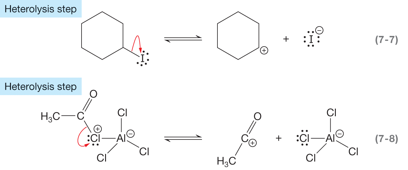 Two chemical reactions to represent examples of hydrolysis step resulting in the breakage of a single bond. The first reaction shows a closed ring with iodine carrying three lone pairs of electrons present at its meta-position. A curved arrow drawn from a single bond between two carbon atoms at meta-position point toward iodine. It is followed by a reversible arrow to show a closed ring with a positive charge at carbon at the meta-position and an iodine anion carrying four lone pairs of electrons. The second reaction shows a condensed structural formula of a compound, with a central aluminum atom carrying a negative charge surrounded by four chloride ions by a single bond each. The fourth chloride ion carries two lone pairs of electrons and a positive charge, which is further linked to a carbon atom by a single bond. The carbon atom connects to a methyl group by a single bond and an oxygen atom by a double bond. A curved arrow points from a single bond between a carbon atom and chlorine carrying positive charge toward chlorine. It is followed by a reversible arrow to show two compounds. The first compound consists of a central carbon atom carrying positive charge connected to a methyl group by a single bond and an oxygen atom by a double bond. The second compound consists of a central aluminum atom carrying a negative charge surrounded by four single bonded chloride ions with the fourth chloride ion carrying three lone pairs of electrons.