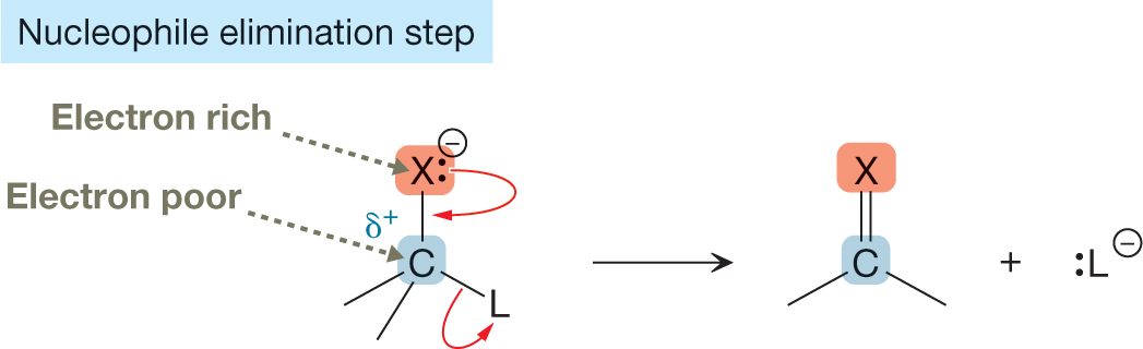 A chemical reaction represents a nucleophile elimination step in a compound carrying both electron-rich and electron-poor sites. The reaction shows a condensed structural formula with a central carbon atom, marked delta plus and labeled electron poor, surrounded by two vacant single bonds, a X group carrying a lone pair of electrons and negative charge, labeled electron-rich; and a L group linked by single bonds each, arranged in a tetrahedral arrangement. A curved arrow points from X group toward single bond between X and a central carbon atom while another curved arrow points from a single bond between a central carbon atom and L group toward L. The resultants show two compounds. The first compound consists of a condensed structural formula with a central carbon atom linked to an X-group by a double bond and two vacant single bonds. The second compound consists of an L-group carrying a lone pair of electrons and negative charge.