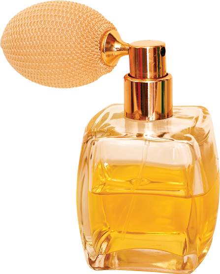 A perfume bottle, with a pump to spray.