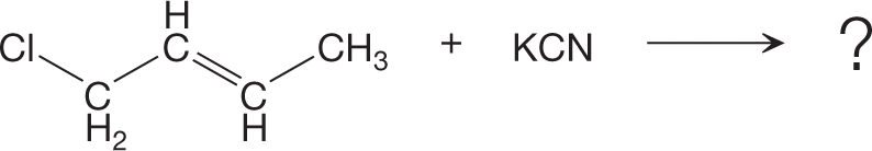 A chemical reaction represents a SN 2 reaction between two compounds. The reaction shows two reactants. The condensed structural formula of the first compound shows a central CH group single-bonded to carbon hydrogen 2 group which is further single-bonded to a chloride. The CH 2 group is further shown double bonded to a CH, which further connects to a methyl group by a single bond. It is shown to react with KCN, followed by a rightward arrow to read a question mark.