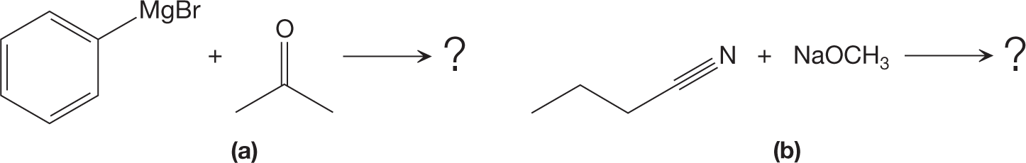 Two chemical reactions are shown for a nucleophilic addition reaction to draw appropriate curves. The first chemical reaction shows a closed six-ring structure, with Mg Br linked to the carbon atom at ortho-position by a single bond reacting with a chain structure having an oxygen atom linked to the second carbon atom of the three-carbon chain by a double bond. It is followed by a rightward arrow to read a question mark. The second chemical reaction shows a three carbon chain structure with a nitrogen atom linked to the third carbon atom by a triple bond reacting with NaOCH3. It is followed by a rightward arrow to read a question mark.