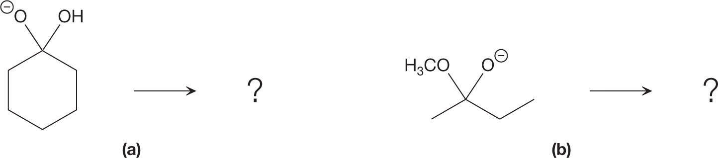 Two chemical reactions are shown for a nucleophilic elimination step to draw appropriate curves resulting in the formation of ketone. The first chemical reaction shows a closed six-ring structure, with an oxygen atom carrying a negative charge and a hydroxyl group attached to its first carbon atom by a single bond each. It is followed by a rightward arrow to read a question mark. The second chemical reaction shows a chain of four carbon atoms, with an oxygen atom carrying a negative charge and a methoxide group attached to the second carbon atom by a single bond each. It is followed by a rightward arrow to read a question mark.