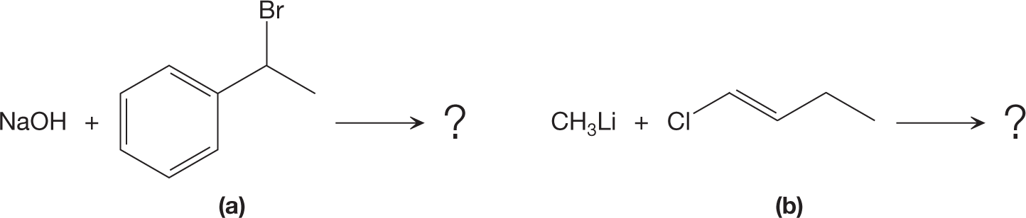 Two chemical reactions to identify the products of the bimolecular elimination step, E2 to mark appropriate curves. The first chemical reaction shows sodium hydroxide reacting with a closed six-ring structure, with a three-carbon side chain attached to its ortho-position. A bromine ion is attached to the second carbon of the side chain by a single bond. It is followed by a rightward arrow to read a question mark. The second reaction shows CH3 Li reacting with a five-carbon zigzag chain having chlorine at carbon-1 and a double bond between carbon-2 and 3. It is followed by a rightward arrow to read a question mark.