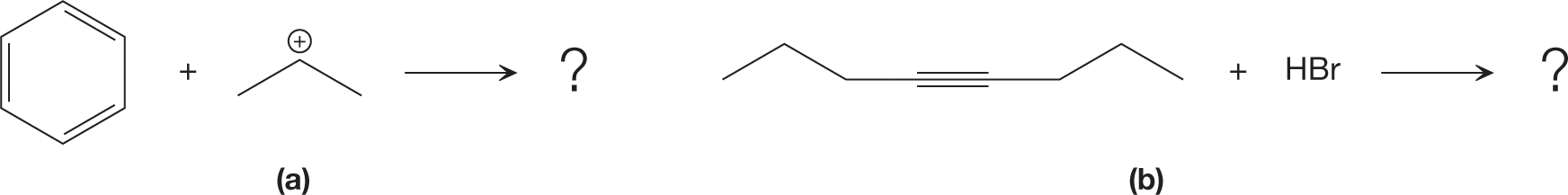 Two chemical reactions to find the product of electrophilic addition steps. The first chemical reaction shows a closed six-ring structure carrying alternate double bonds reacting with a bent-shaped, three-carbon chain, with the second carbon atom carrying a positive charge. It is followed by a rightward arrow to read a question mark. The second reaction shows a chain of six-carbon atom with two bents on the extreme ends, and a long chain carrying a double bond in the middle, reacting with HBr. It is followed by a rightward arrow to read a question mark.