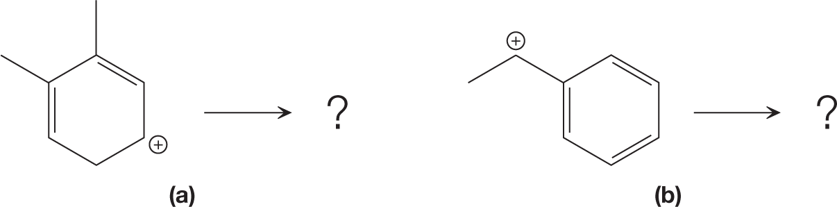 Two chemical reactions to identify the potent curved arrows in electrophile elimination steps. The first chemical reaction shows a closed six-ring structure with two double bonds, one between carbon-1 and 2 while another between carbon-5 and 6. There are two empty side chains marked at carbon-1 and 6. A positive charge is marked at carbon-3, followed by a rightward arrow to read a question mark. The second reaction shows a closed six-ring structure, with alternate double bonds. A side chain of two carbon atoms is linked to the sixth carbon of the chain, with its first carbon carrying a positive charge, followed by a rightward arrow to read a question mark.