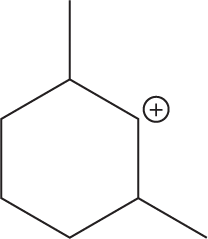 A condensed structural formula shows a closed six-ring structure, with two vacant single bonds emerging at carbon-1 and 3 and a positive charge marked at carbon-2.