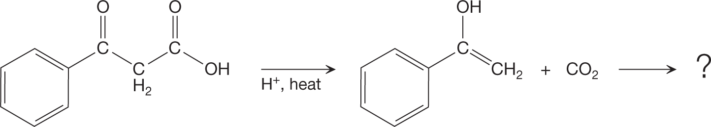 A chemical reaction represents decarboxylation of Beta-keto acid under acidic conditions. The chemical shows the condensed structural formula consisting of a benzene ring with a side chain attached to ortho-position, which shows two carbonyl groups, a CH 2 and a hydroxyl groups present on the side chain. It is shown to react with hydrogen positive ions under heat conditions to show a condensed structural formula with a benzene ring having a side chain linking it to a carbon atom by a single bond. The carbon atom is further linked to a hydroxyl group by a single bond and a CH 2 group by a double bond. It also shows a release of carbon dioxide followed by a rightward arrow to read a question mark.