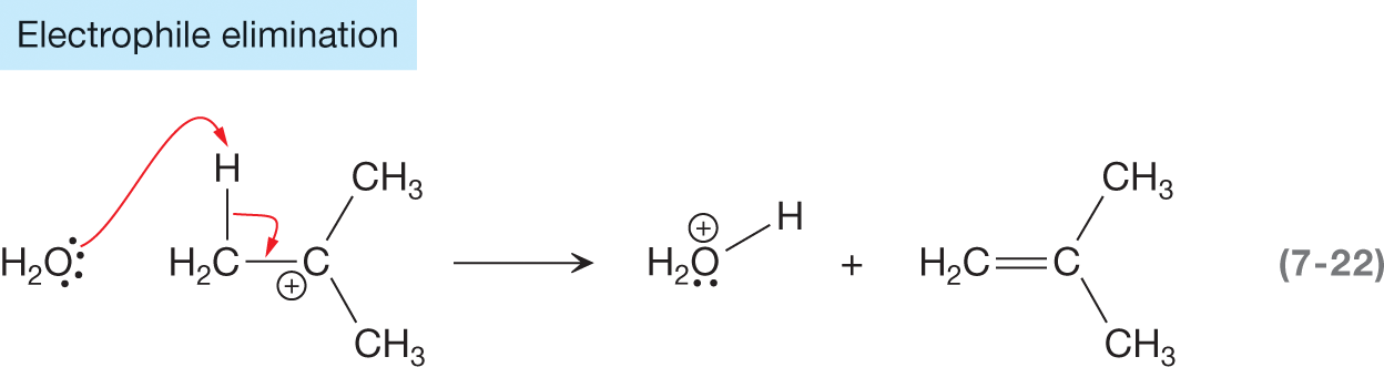 A chemical reaction represents an example of an electrophile elimination step. The reaction shows a water molecule with its oxygen atom carrying two lone pairs of electrons reacting with a compound having a central carbon atom surrounded by two methyl groups linked by a single bond each, and a CH 2 group by a single bond. The CH 2 group is further linked to a hydrogen atom by a single bond. A curved arrow points from the oxygen atom of the water molecule toward hydrogen atom linked to CH 2 group while another curved arrow points from the single bond between CH 2 and hydrogen atom toward single bond between a central carbon atom and CH 2 group. The resultant shows an addition of a hydrogen atom to the oxygen atom of the water molecule carrying a lone pair of electrons with a positive charge. It also shows a release of a compound as a central carbon atom surrounded by two methyl groups linked by a single bond each, and a CH 2 group by a double bond.