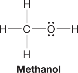 Condensed structural formula of methanol. The condensed structural formula of methanol consists of a carbon atom single bonded to three hydrogen atoms and an oxygen atom carrying two lone pairs of electrons. The oxygen atom is further attached to a hydrogen atom by a single bond.