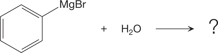 A chemical reaction shows reaction between phenyl-magnesium bromide and water to represent proton transfer. The reaction shows a condensed structural formula consisting of an aromatic benzene ring with a carbon atom at its ortho-position, linked to magnesium bromide. It is shown to react with a water molecule followed by a rightward arrow to read a question mark.