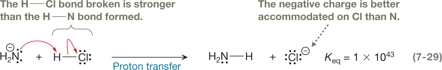 A chemical reaction represents a change in bond energy and charge stability during proton transfer. The chemical reaction shows a nitrogen atom of an amino group carrying two lone pairs of electrons and a negative charge reacting with hydrogen chloride, with chlorine carrying three lone pairs of electrons. A curved arrow points from a nitrogen atom toward the hydrogen atom of hydrogen chloride. Another curved arrow points from a single bond between hydrogen and chlorine toward chlorine. The text above the reactants read, single bond between hydrogen and chlorine is broken and is stronger than the single bond between hydrogen and nitrogen. It is followed by a rightward arrow denoting proton transfer to show an addition of a hydrogen atom to the nitrogen atom by a single bond, and the release of chlorine anion carrying four lone pairs of electrons. A text reads, �The negative charge is better accommodated on chlorine than nitrogen.� The value of equilibrium constant is equal to 1 times 10 to the power of 43.