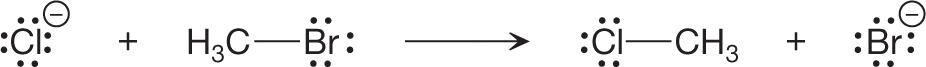 A chemical reaction shows a proton transfer step to check for electron-rich and electron-poor species in the reaction. It shows a chloride anion carrying four lone pairs of electrons reacting with a methyl group single-bonded to bromide carrying three lone pairs of electrons. The resultants show chloride carrying three pairs of lone electrons single-bonded to a methyl group and a bromide anion carrying four lone pairs of electrons.