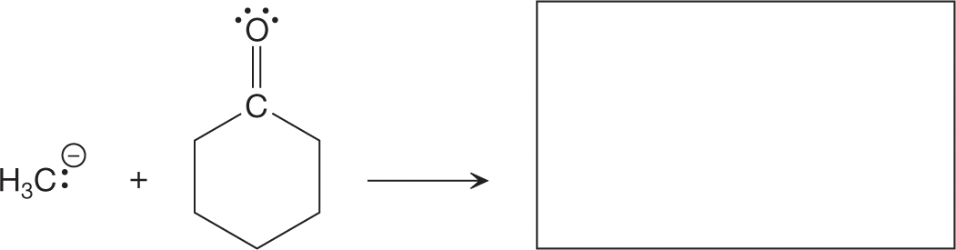 A chemical reaction represents a problem of nucleophilic addition step to check for possible electron-rich and electron-poor sites. The reaction shows a methyl group, with carbon atom of the methyl group containing a lone pair of electrons carrying a negative charge. It reacts with a benzene ring, with carbon atom at its ipso-position linked to an oxygen atom by a double bond, followed by a rightward arrow to show an empty box.