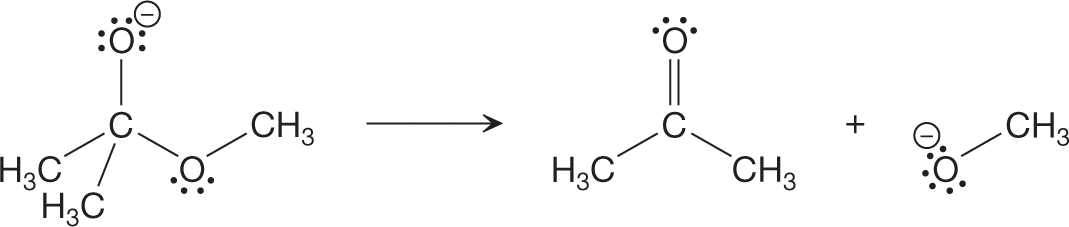 A chemical reaction represents a nucleophile elimination step to check for electron-rich and electron-poor sites. It shows a condensed structural formula consisting of a compound with a central carbon atom linked to two oxygen atoms carrying two lone pairs of electrons each, and two methyl groups linked by a single bond each. One of the oxygen atoms carries a negative charge while the other is linked by another methyl group by a single bond. The resultant shows two compounds. The first compound consists of a condensed structural formula a compound with a central carbon atom linked an oxygen atom carrying two lone pairs of electrons by a double bond. The second compound consists of two methyl groups bonded by a single bond each. It further shows the elimination of a compound, with an oxygen atom carrying three lone pairs of electrons and a negative charge linked to a methyl group by a single bond.