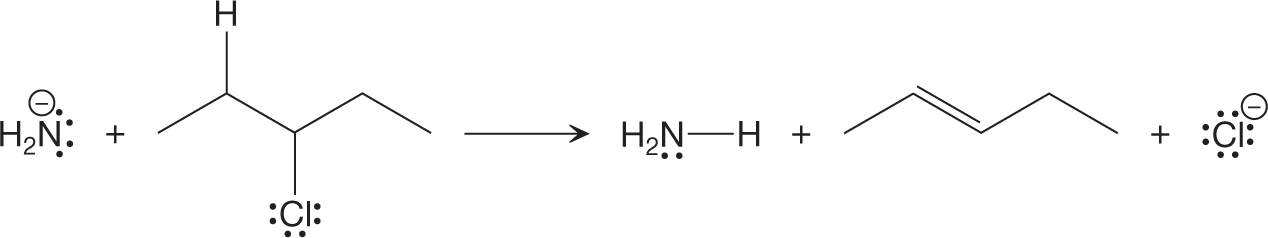 A chemical reaction represents the bimolecular elimination step, E2 step to check for electron-rich and electron-poor sites. The chemical reaction shows the nitrogen atom of an amino group carrying two lone pairs of electrons and a negative charge reacting with a chain of five carbon atoms carrying a hydrogen atom at carbon-2 and a chlorine atom carrying three lone pairs of electrons at carbon-3. The resultants show addition of hydrogen atom to the nitrogen of the amino group carrying a lone pair of electrons by a single bond; a five-carbon chain with a double bond between carbon 2 and 3; and a chlorine anion with four lone pairs of electrons.