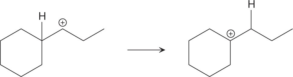 A chemical reaction represents carbocation rearrangement to mark the curved arrow notation. The reaction shows a closed six-ring structure with a hydrogen atom linked to carbon-2 by a single bond and a four carbon side chain emerging from carbon-2 of the ring. The carbon-2 on the side chain is marked with a positive charge. The resultant shows an exchange of a positive charge and a hydrogen atom at carbon-2 of the side chain.