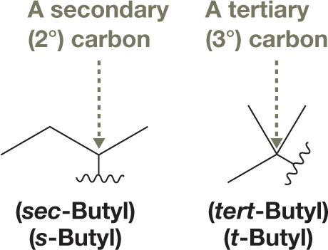 An illustration shows skeletal structural formulas of s-Butyl and t-Butyl. The first structure shows a four-carbon chain with an alkyl group bonded to carbon 2. An arrow pointing to carbon 2 reads, �A secondary (2-degree) carbon.� Text below the structure reads, �(sec-Butyl) (s-Butyl).� The second structure shows a two-carbon chain with an alkyl group and two methyl groups bonded to carbon 1. An arrow pointing to carbon 1 reads, �A tertiary (3-degree) carbon.� Text below the structure reads, �(tert-Butyl) (t-Butyl).� The caption reads, �Distinguishing C4H9 groups: A sec-butyl group is attached by a secondary C. A tert-butyl group is attached by a tertiary C.�