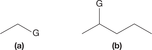 Two illustrations show the skeletal structural formulas of different organic compounds. The first illustration shows an inverted V with a generic substituent at one end. The second illustration shows a zigzag line with two crests and three troughs. A generic substituent is bonded to an atom at the first crest. 