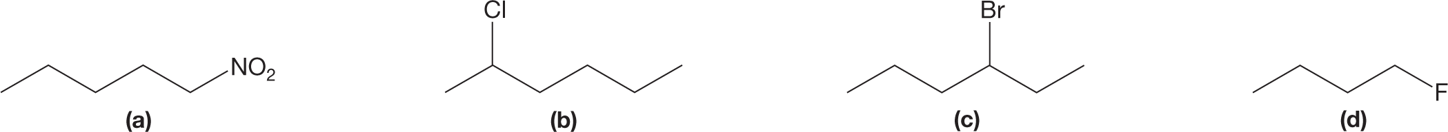 Four illustrations show the skeletal structural formulas of different organic compounds. The first illustration shows a zigzag line with three crests and three troughs. There is a nitro group at one end of the chain. The second illustration shows a zigzag line with three crests and three troughs. A chlorine atom is bonded to the atom at the first crest. The third illustration shows a zigzag line with three crests and three troughs. A bromine atom is bonded to the atom at the second crest. The fourth illustration shows a zigzag line with two crests and three troughs. There is a fluorine atom at the third trough.