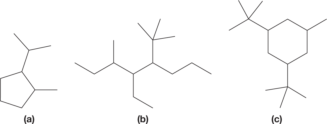 An illustration shows the skeletal structural formulas of three different organic molecules. The first structure shows a cyclopentane ring with carbon 1 bonded to an isopropyl group and carbon 2 bonded to a methyl group. The second structure shows an eight-carbon chain with carbon 3 bonded to a methyl group, carbon 4 bonded to an ethyl group, and carbon 5 bonded to a tert-butyl group. The third structure shows a cyclohexane ring with one carbon atom bonded to a methyl group and the two carbon atoms in each of the meta positions bonded to a tert-butyl group each.