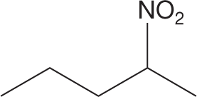 A skeletal structural formula shows a zigzag line with two crests and three troughs. A nitro group is bonded to the atom at the first crest.