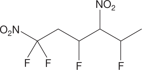 An illustration shows the skeletal structural formula of an organic compound. The structure shows a zigzag line with four crests and three troughs. A nitro group occupies the position at the first crest. Two fluorine atoms are bonded to the atom at the first trough, and one fluorine atom each is bonded to the atoms at the second and third troughs. Another nitro group is bonded to the atom at the third crest. 