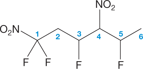 An illustration shows the skeletal structural formula of an organic compound. The structure shows a zigzag line with four crests and three troughs. Numbers from 1 to 6 are assigned to the carbon atoms in the structure from the left to the right. A nitro group occupies the position at the first crest. Two fluorine atoms are bonded to the atom at the first trough, and one fluorine atom each is bonded to the atoms at the second and third troughs. Another nitro group is bonded to the atom at the third crest. 