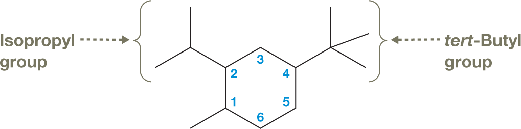 An illustration shows the skeletal structure of an organic molecule. The structure shows a cyclohexane ring with a methyl group bonded to carbon 1. Numbers are assigned to the ring in a clockwise manner starting with the carbon bonded to the methyl group. An isopropyl group is bonded to carbon 2, and a tert-Butyl group is bonded to carbon 4. An arrow pointing to the Isopropyl group reads, �Isopropyl group.� An arrow pointing to the tert-Butyl group reads, �tert-Butyl group.� 
