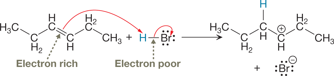 A chemical reaction represents an electrophilic addition step to draw appropriately curved arrows. It shows a six-carbon zigzag chain, with methyl groups on the extreme ends, and a double bond between carbon 3 and 4 which is a electron rich group reacting with hydrogen bromide, with the bromine atom in hydrogen which is interacting with the double bonds in the carbon atoms 3 and 4 and bromide carrying three lone pairs of electrons. The single bonded atom which is an electron poor group is interacting with the bromine atom. The resultant shows the addition of a hydrogen atom to the third carbon atom, replacement of the double bond with the single bond, and an addition of a positive charge on the fourth carbon atom of the chain. It also shows a release of bromine anion carrying four lone pairs of electrons.