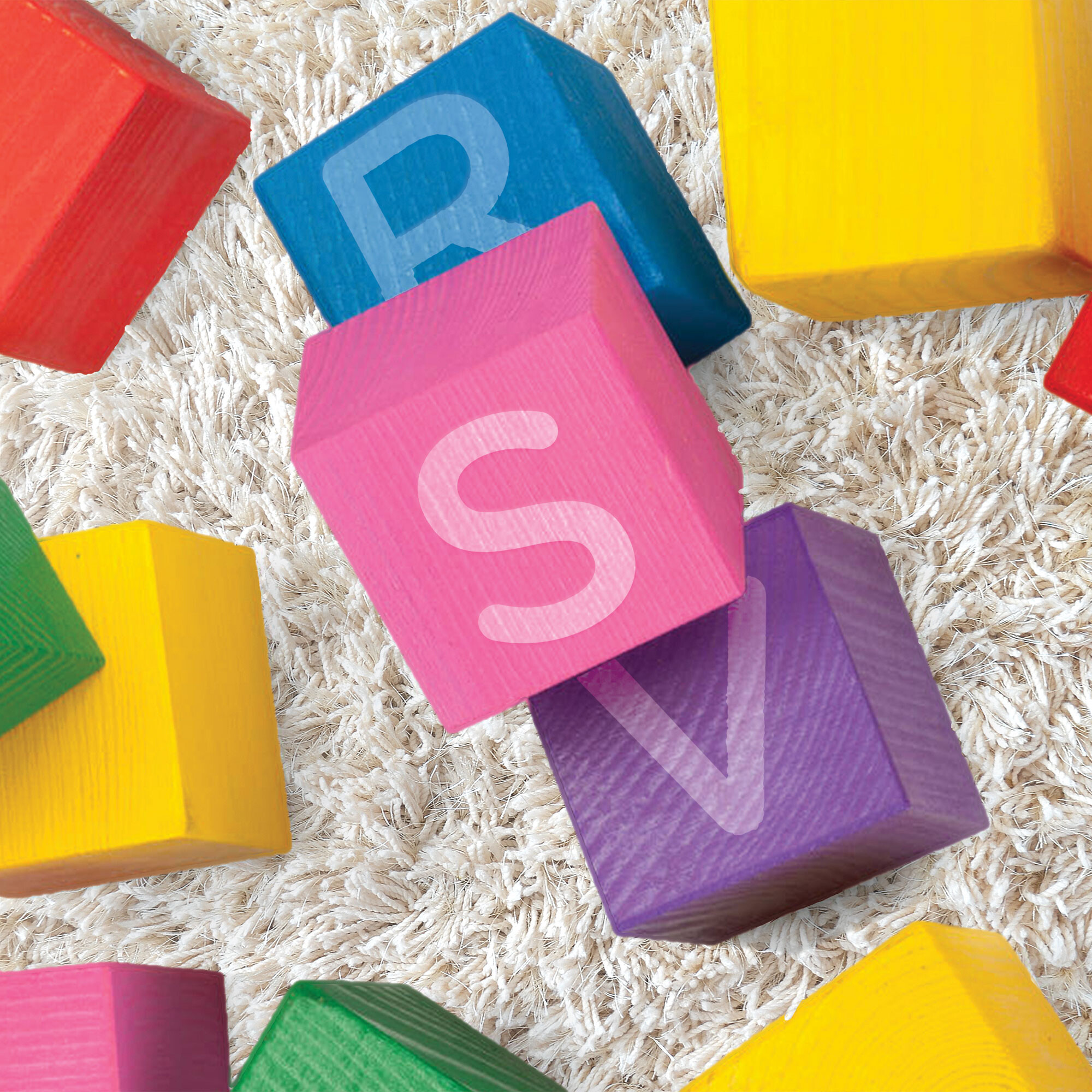 A photo of colored blocks displaying the letters, R S V, followed by an infographic about R S V.