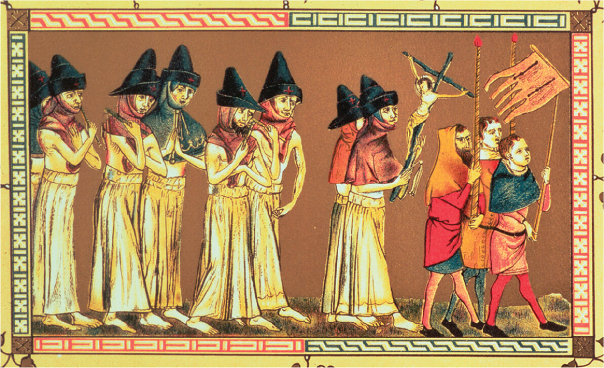 A medieval painting of a church procession to ward off the Black Death or bubonic plague.