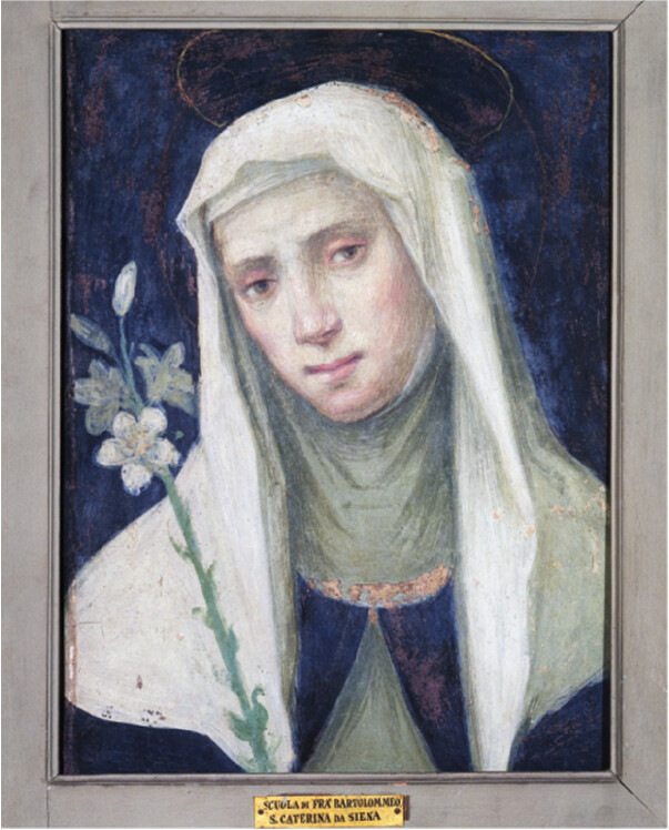 A historic painting of Catherine of Siena, patron saint of nurses.
