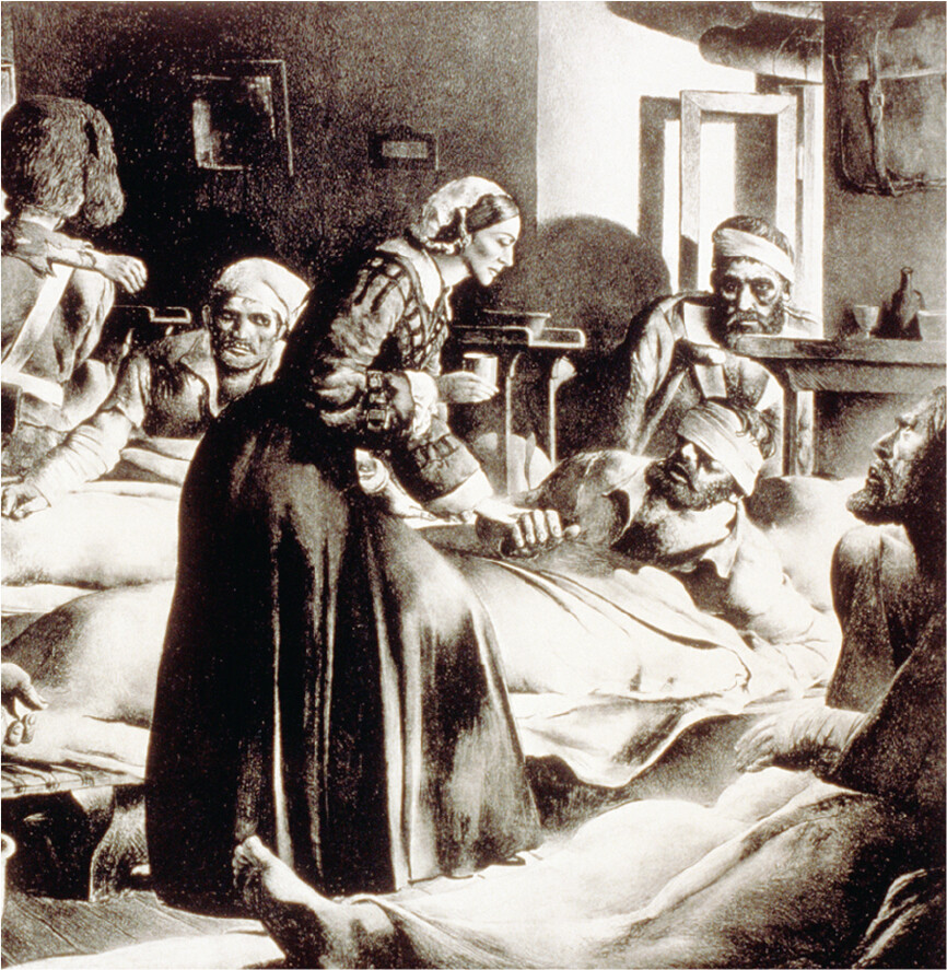 A historical illustration of Florence Nightingale tending to patients.