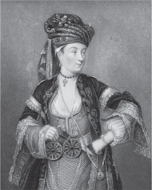 A historic portrait illustration of Lady Mary Wortley Montagu in a Turkish dress.