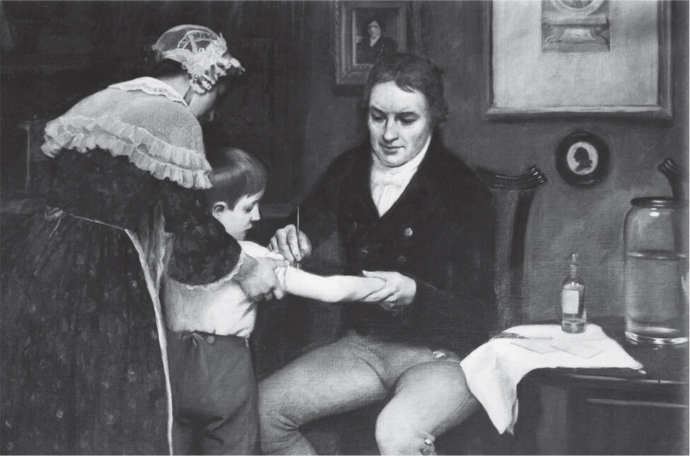 A historic illustration of Doctor Edward Jenner vaccinating a boy with cowpox matter.