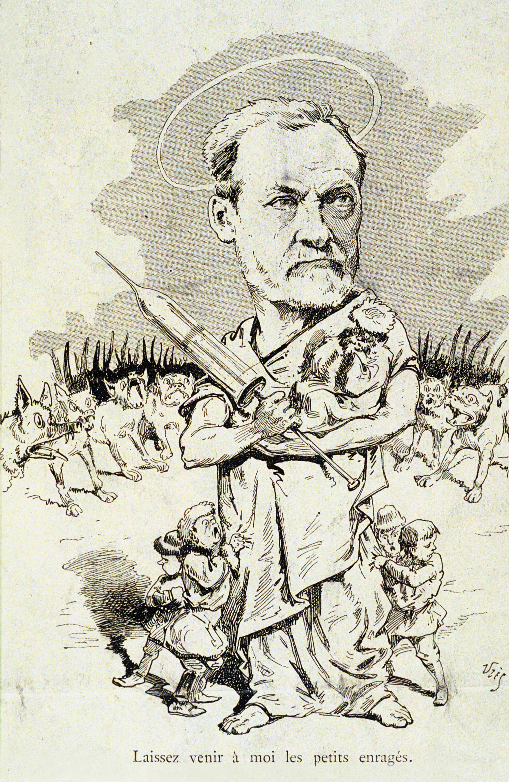 A newspaper caricature of Pasteur protecting children from rabid dogs.