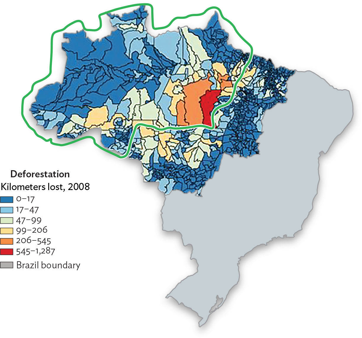 A map of deforestation in the Brazilian Amazon in 2008.